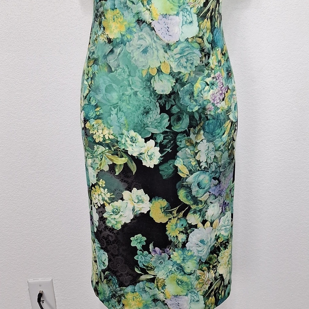 Beige by ECI Black Teal Tropical Multicolor Floral Maximalism Sheath Dress Sz. 4 - Picture 4 of 13